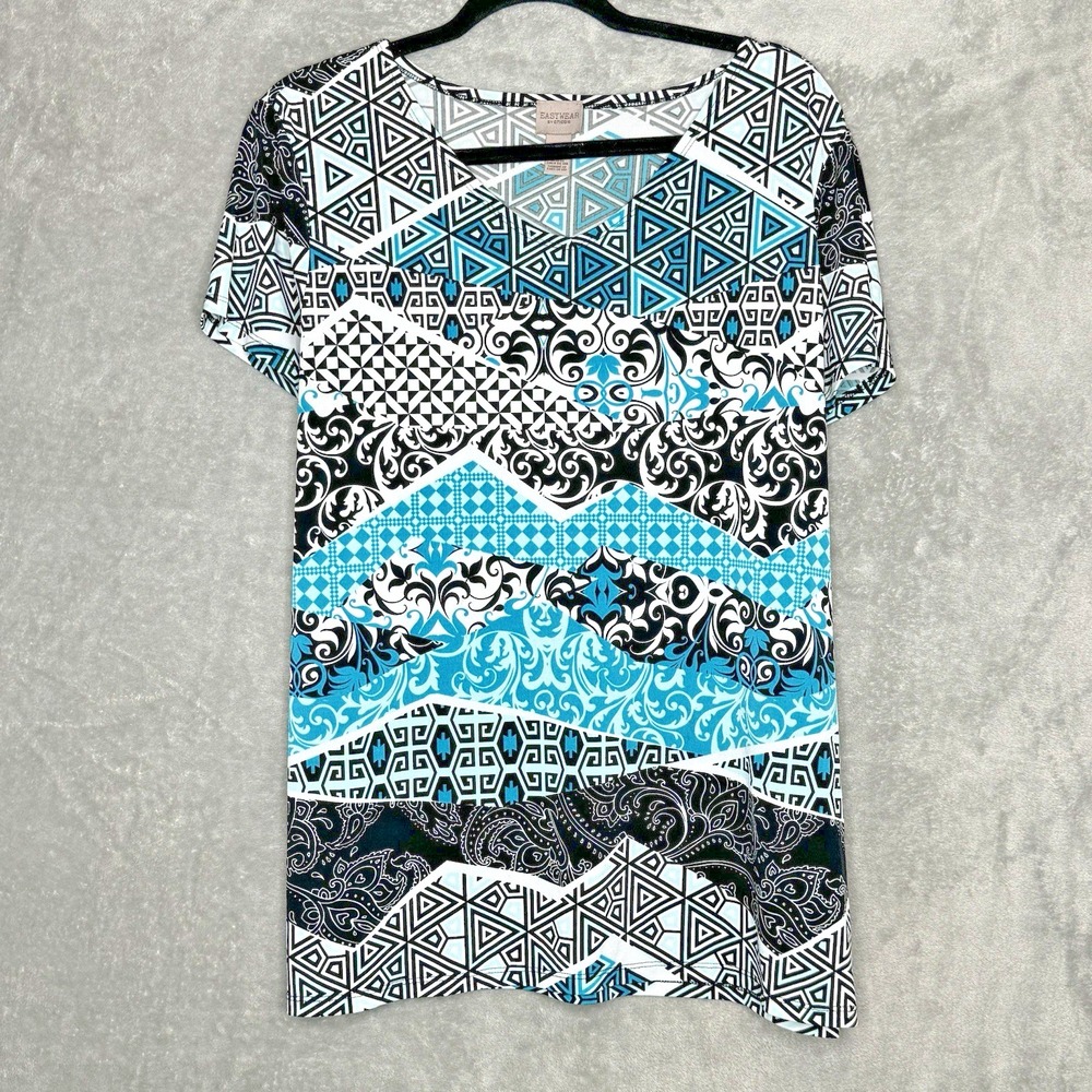 Easywear by Chicos Women Top Blouse XL Blue Black Geometric Short Sleeve V Neck